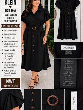 NWT Calvin Klein Black Button-Front Belted Dress 20